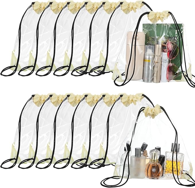 Shappy 30 Pcs Clear Drawstring Backpack, Plastic Waterproof Transparent Stadium Bags String Bag for Gym Travel (Beige)