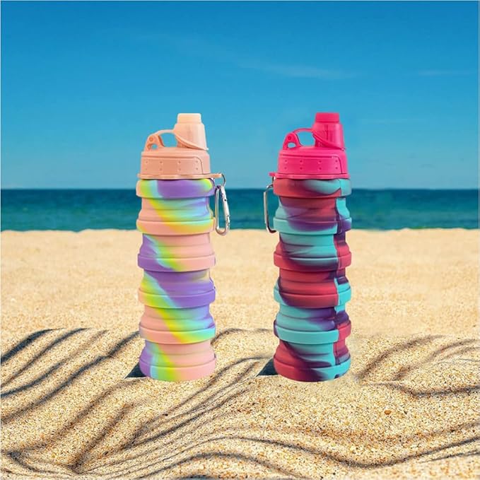 Collapsible Travel Bottles 2 Pack - Portable Hiking Bottles, Leak Proof 500ML, Reusable BPA Free Silicone (Pink+Rose Red)