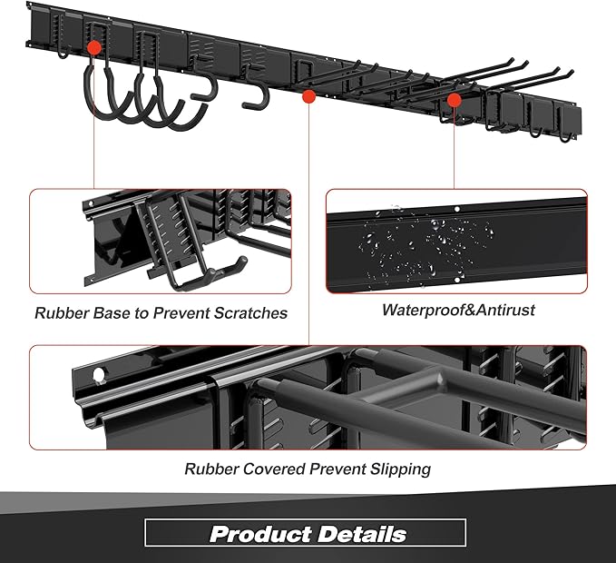 Sttoraboks Garage Tool Storage Rack, Heavy Duty Garage Storage Organizer Rack System Wall Mounted Tool with 12 double hooks, 4 rails Garden Tool Rack