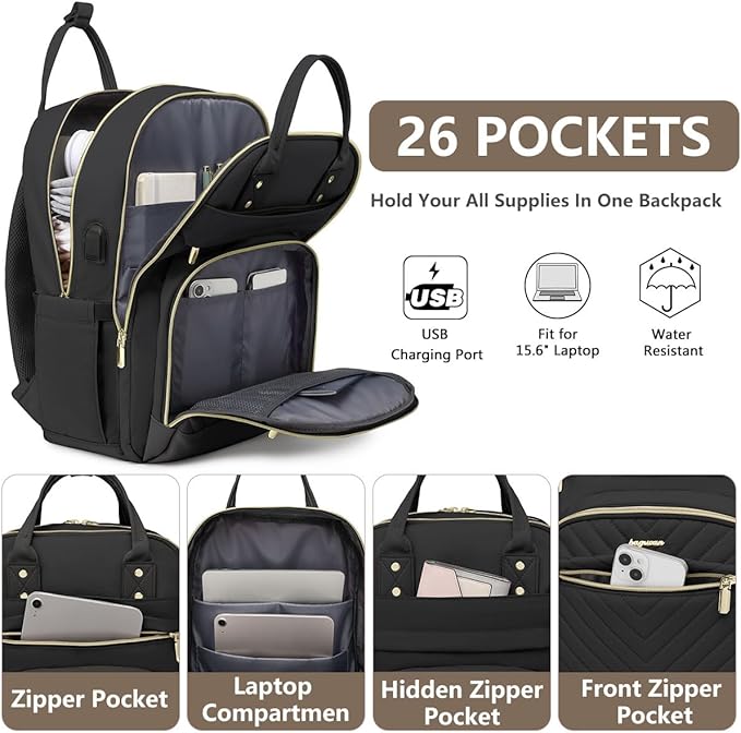 Laptop Backpack for Women Work Bag - Fits 18 Inch Laptop Bag Travel Work Backpack Anti-theft Bags with USB Charging Business Computer Waterproof Backpack Purse for Nurse Teacher Black