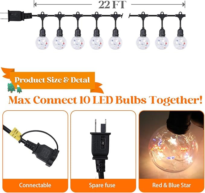 Afirst Patriotic Outdoor String Lights, Red White Blue Stars, Clear Plastic Globe Bulbs, Black Cord, 22FT