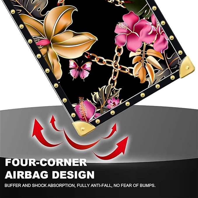 Compatible with iPhone 16 Case, Pink Golden Chain Tropical Flower Luxury Golden Decoration for Girl Women Soft TPU Shockproof Protective Hard PC Back
