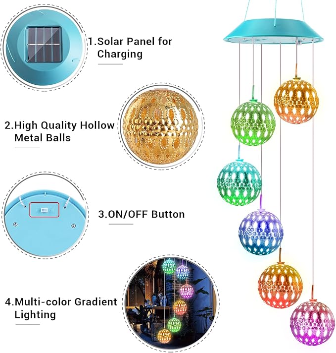 Toodour Solar Wind Chime, Color Changing Moroccan Ball Wind Chimes, LED Decorative Mobile, Gifts for Mom, Waterproof Outdoor Decorative Lights for Garden, Patio, Party, Yard, Window Outdoor Decor