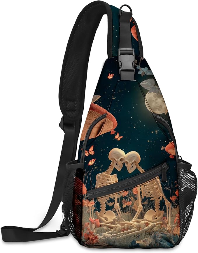 FyLybois Skull Sling Bag for Women Lightweight Crossbody Backpack Casual Daypack with Adjustable Strap for Travel Work Hiking Everyday Use