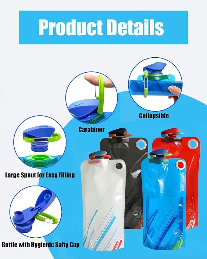 4 Pack Collapsible Water Bottle with Carabiner, 33oz Foldable Reusable BPA-Free Water Bottles with Leakproof Lid for Traveling Hiking Camping Biking