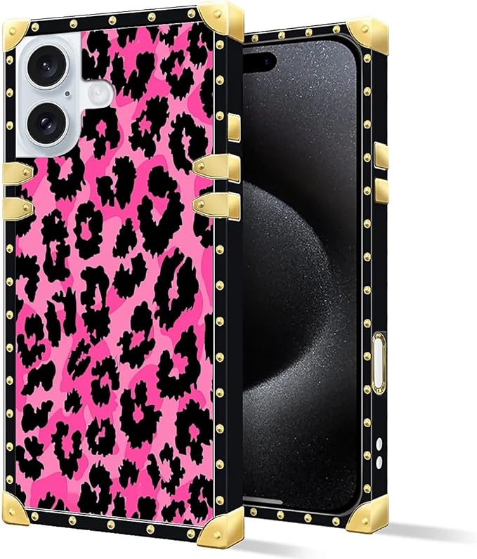 Compatible with iPhone 16 Plus Case, Pink Black Leopard Luxury Golden Decoration for Girl Women Soft TPU Shockproof Protective Hard PC Back