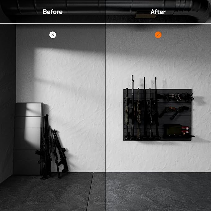 Hold Up Displays Gun Wall Mount Display, Modular Tactical Wall for 6 Pistols and 6 Rifles, Police Gear Rack and Equipment Organizer, Heavy-Duty Aluminum Gunmetal Grey Slatwall Gun Storage System