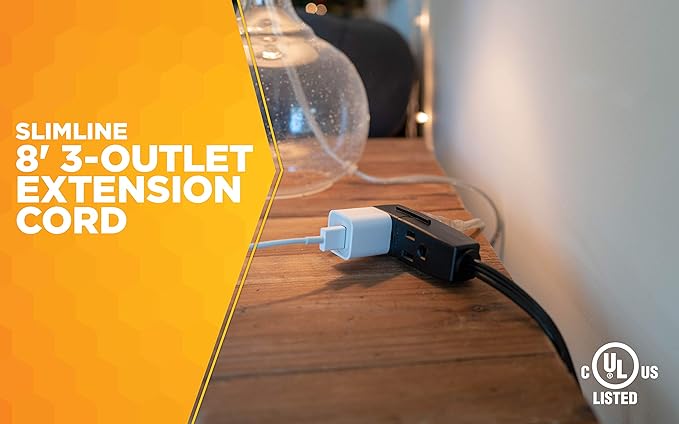 Woods 2243 16/3 Flat Indoor Extension Cord, 8-Foot, 3 Grounded Outlets, Right Angled Plug, Space Saving Design, UL Listed, Black