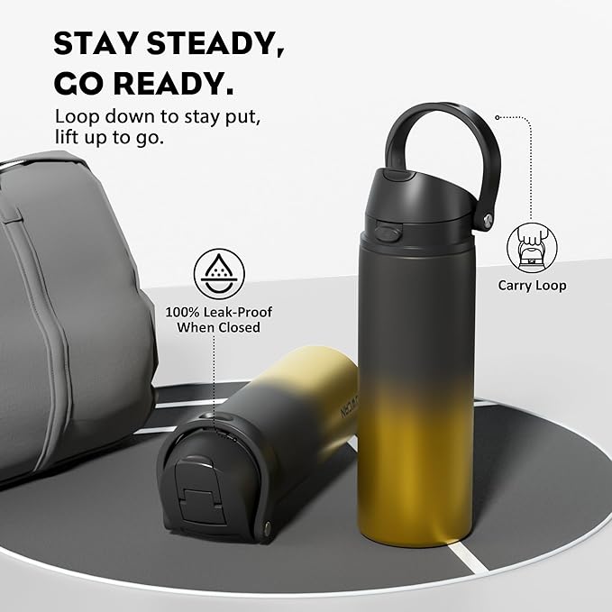 POWCAN 24 oz Insulated Water Bottle: 2-in-1 Lid with Push-Button Spout & Quick-Flip Straw, Leakproof, Cold 24Hrs, Car Cupholder Friendly, Stainless Steel Cup for Sports, School, Travel, Camping (King)