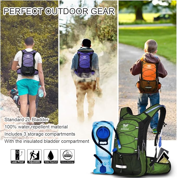 Mothybot Insulated Hydration Backpack Pack with 3L BPA Free Leak Proof Water Bladder, Large Storage Lightweight Hiking Daypack with Waist Pouches & Cooler Layer, for Running, Biking, Camping, Festival