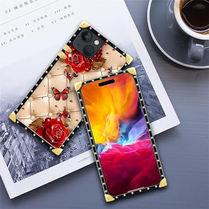 Compatible with iPhone 15 Case, Shining Red Rose Butterfly Leather Background Luxury Golden Decoration for Girl Women Soft TPU Shockproof Protective Hard PC Back for iPhone 15
