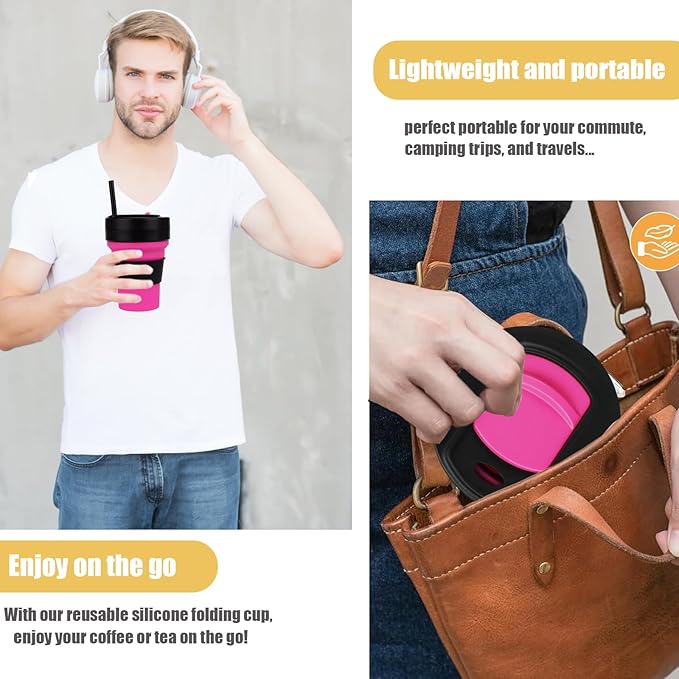 12 Oz Silicone Collapsible Travel Cup,Portable Silicone Water Bottle for Hot and Cold Beverages, Reusable Folding Drinking Cup with Lids 350ml for Camp Hiking Travel with Straw -Black Rose