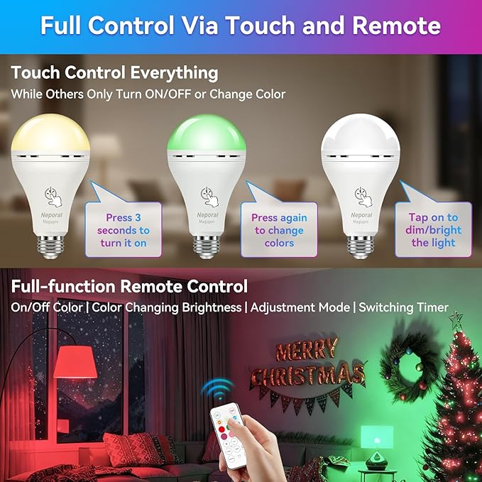 Neporal MagixPro RGB Remote Rechargeable Light Bulbs, Dual Recharge (USB & Socket Charging), Color Changing Dimmable LED Bulb, No Outlet Needed, Touch + Remote Control, Non Electric Lighting, 2 Pack