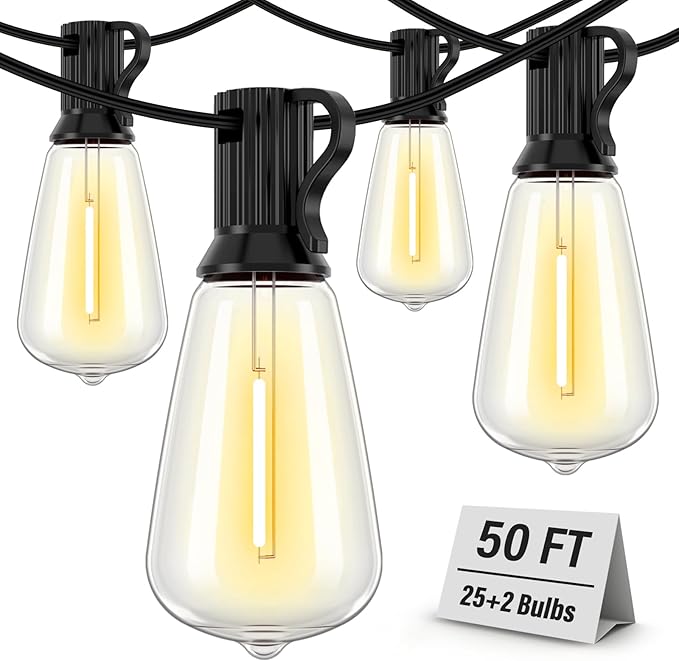 Doukedge Outdoor String Lights Waterproof, 50FT Patio Lights with 26 ST38 Edison Bulbs (1 Sqare), Outside Hanging Decorative Lights for Porch, Blacony, Blackyard, Bistro, Garden, 2700K