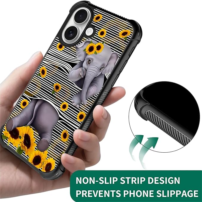 for iPhone 17 Case,for MagSafe Graphic Design for Girl Boy Soft Silicone Hard Acrylic Shock Protection Designed for iPhone 17 Cute Little Elephant Sunflower White Line Art Pattern