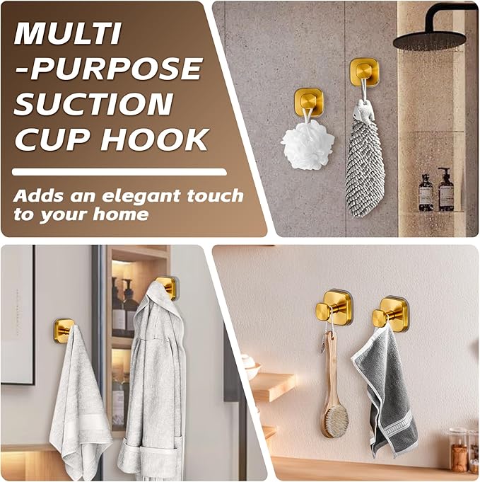 Heavy Duty Reusable Suction Cup Hooks for Kitchen/Bathroom/Shower - Wet-Proof Hooks for Towels, Robes, Loofah&Wreaths/No Drill Mounting on Glass, Tile, Metal (2, Brushed Gold)