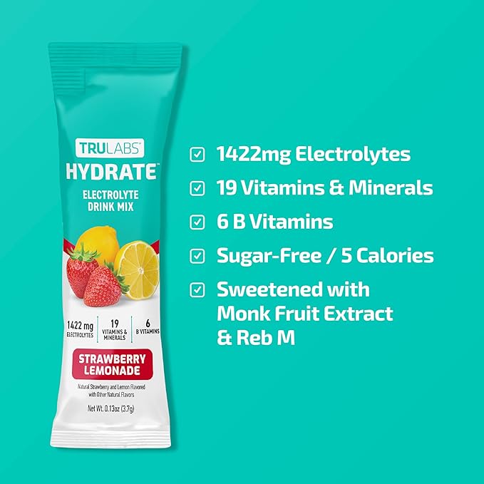 TRULABS Hydrate Electrolyte Drink Mix – Strawberry Lemon Flavor, Sugar-Free Hydration Packets with 1422 mg Electrolytes & 19 Vitamins & Minerals, Monk Fruit Sweetened, On-the-Go Sticks (16 Count)