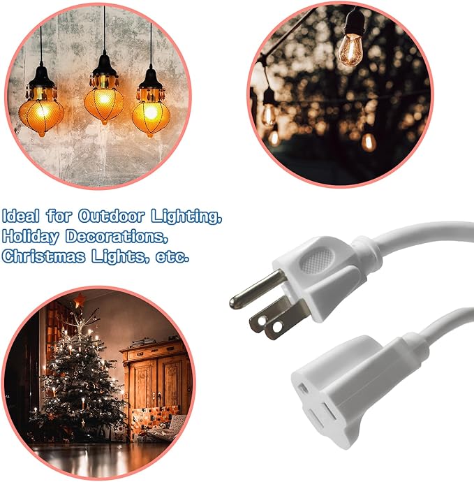 Indoor Outdoor Extension Cord 20 FT, 16/3 SJTW Weatherproof White Electrical Cords, 13 AMP Heavy Duty 3 Prong Power Cable Great for Garden, Landscaping & Holiday Decorations