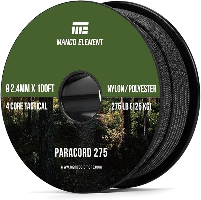 2.4mm Paracord 275LBS 100FT Rope Cord - 4 Strand, Nylon & Polyester, Abrasion Resistance - Black