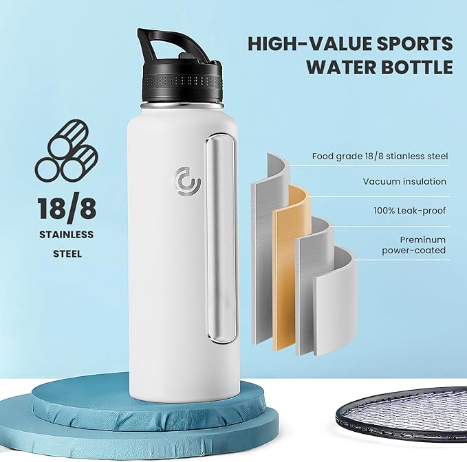 COKTIK 40oz Sports Water Bottle, Stainless Steel Water Bottle for Insulated, Reusable Travel Bottle, With Straw, With Handle Grip for Easy Carrying, Suitable for Cycling, Outdoor Vacations(White)