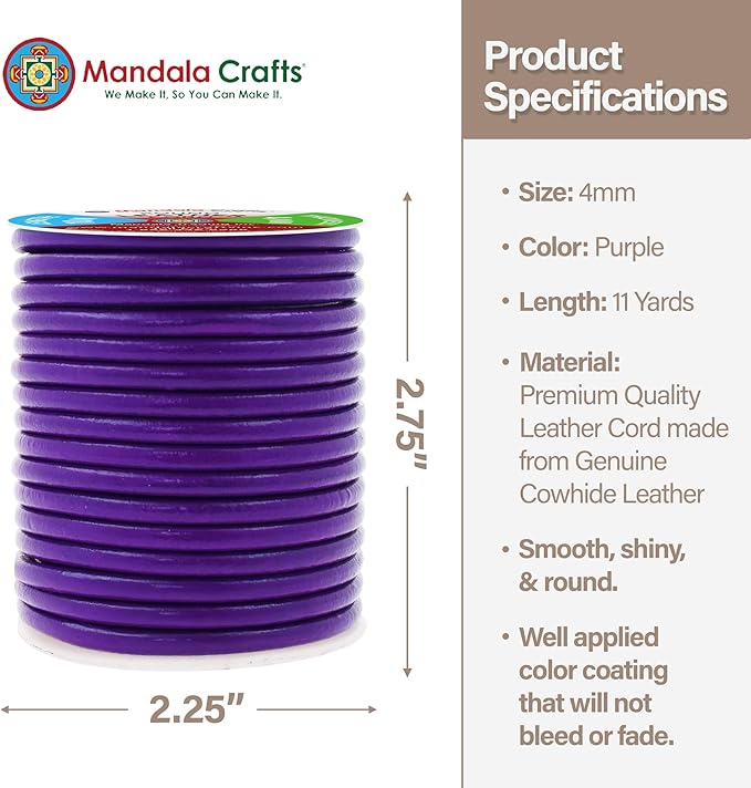 Mandala Crafts Round Genuine Purple Leather Cord for Jewelry Making – 4mm Cowhide Leather Rope String Lace for Kumihimo – 11 Yards Cowhide Craft Cording Spool