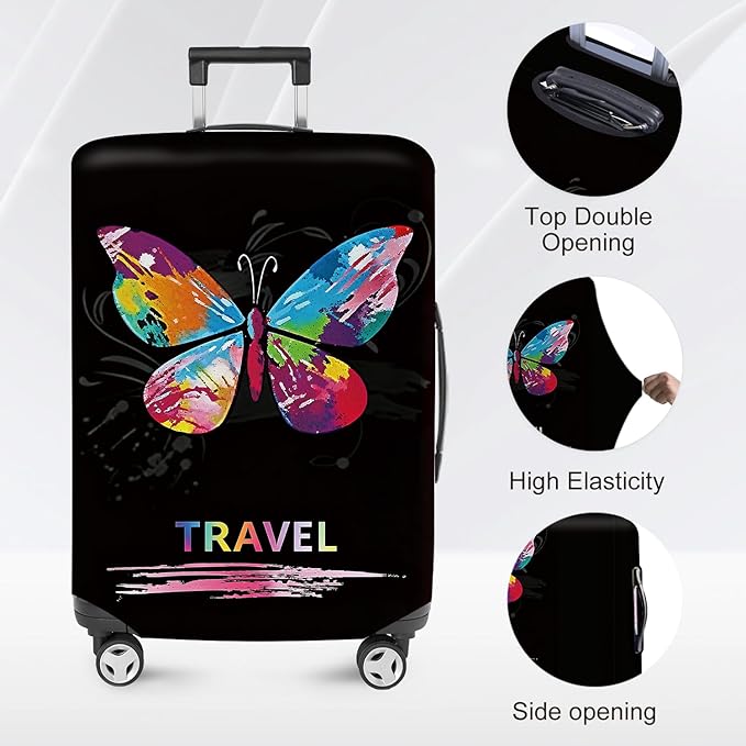 ANNA QUEEN Colorful Butterfly Travel Luggage Cover -Stretchable Airplane Suitcase Protector Sleeve,Universal Washable Fit for 20-26 Inch Checked Baggage,Water Resistant Durable Luggage Protector