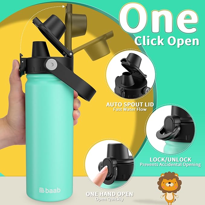 baab 18oz Kids Water Bottle, Insulated Kids Water Bottle with Lockable Spout Lid & Stickers, 18/8 Stainless Steel Vacuum Leakproof Kid Water Cup with Boy Girl & School (Mint Green, 1 Pack)