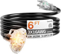 6 ft 16/3 awg 3 Outlet Extension Cord Splitter with Indicator, Waterproof Indoor/Outdoor Extension Cord with Multiple Outlets, 13A 1625W for Home & Workshop, ETL Listed, Flexible Black SJTW