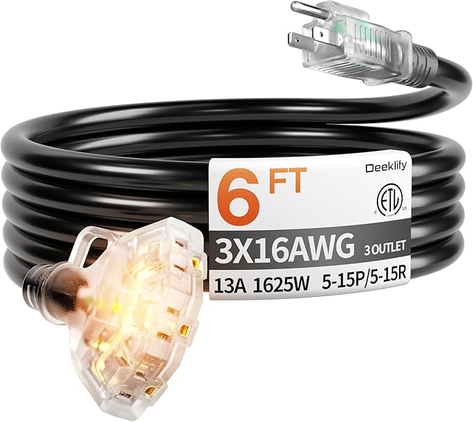 6 ft 16/3 awg 3 Outlet Extension Cord Splitter with Indicator, Waterproof Indoor/Outdoor Extension Cord with Multiple Outlets, 13A 1625W for Home & Workshop, ETL Listed, Flexible Black SJTW