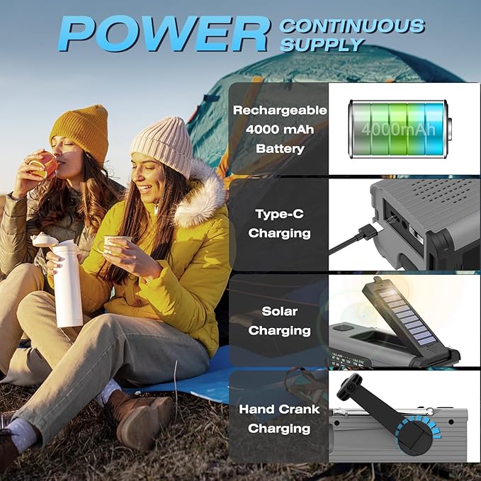 NITIGO Emergency Radio 4000mAh Solar Hand Crank AM/FM/NOAA Portable Weather Radio with Phone Charger, LED Flashlight, Reading Lamp, SOS Alarm, Headphone Jack for Indoor Outdoor Emergency, USB Charged