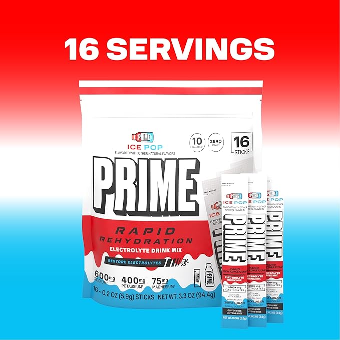 Prime Rapid Rehydration Electrolyte Powder Sticks, Ice Pop, Sugar Free Hydration Drink Mix with Sodium, Potassium, Magnesium & B Vitamins to Replenish Fluids, Caffeine Free, 16 Count