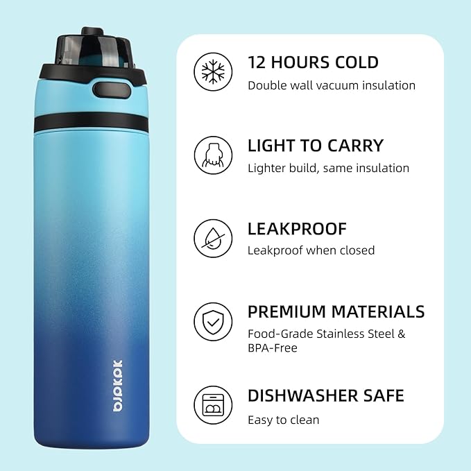 BJPKPK 25oz Insulated Water Bottle with 2-1 Straw Spout Lid, Stainless Steel Metal Water Bottles with Carry Handle, BPA Free, Leak-Proof, Fits in Car Cup Holder, Thermo for Sports,Sky