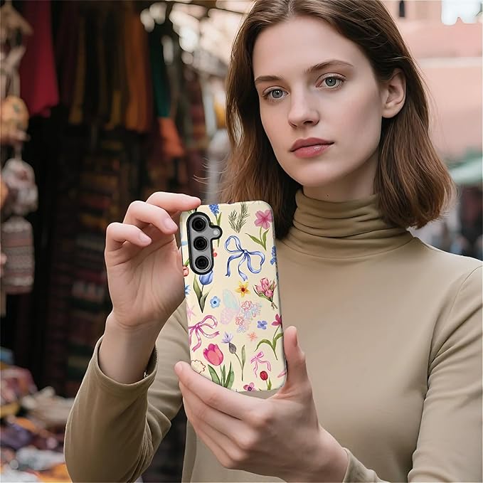 for Samsung Galaxy S24 FE Case,HL2 Aesthetic Flower Preppy Collage Hybrid 2 Layer Hard Shell Silicone Protective Pattern Design Case