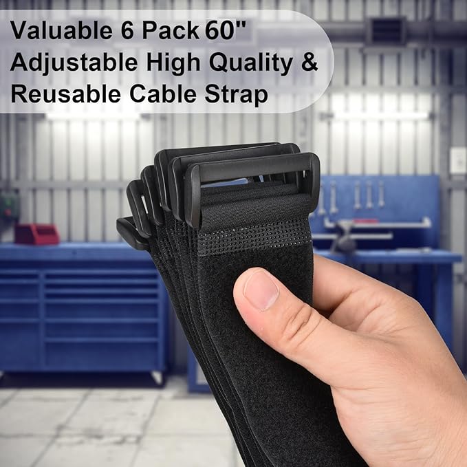 2 x 60 Inch Hook and Loop Cable Tie, 6 Pack Heavy Duty Adjustable Fastening Adhesive Cinch Strap with Plastic D-ring Buckle, Multi-Purpose Reusable Cord Organizer by Cacturism