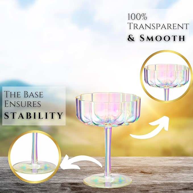 Khen Shatterproof Acrylic Flower Wavy Vintage Art Deco Martini, Champagne & Cocktail Iridescent Rainbow Plastic Tritan Coupe Glasses | 4 Set | 8.5oz Glassware Classic Cocktail Indoor & Outdoor Set