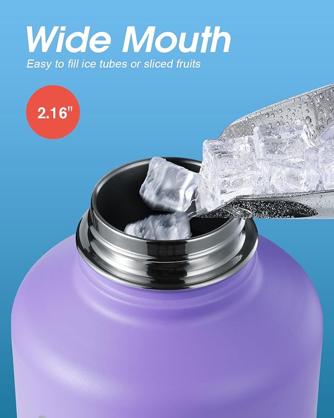 Coolflask Half Gallon Water Bottle Insulated with Straw & 3 Lids, 64 oz Water Jug Large Metal Stainless Steel Wide Mouth for Sports, Gym or Office, Non-BPA Keep Cold 48H Hot 24H, Purple Black