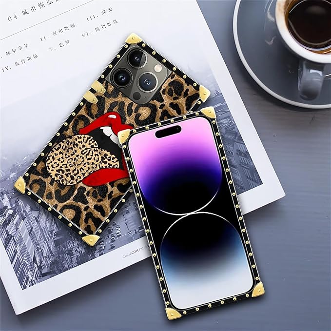 Compatible with iPhone 14 Pro Max Case, Brown Leopard Print Mouth Luxury Golden Decoration for Girl Women Soft TPU Shockproof Protective Hard PC Back for iPhone 14 Pro Max