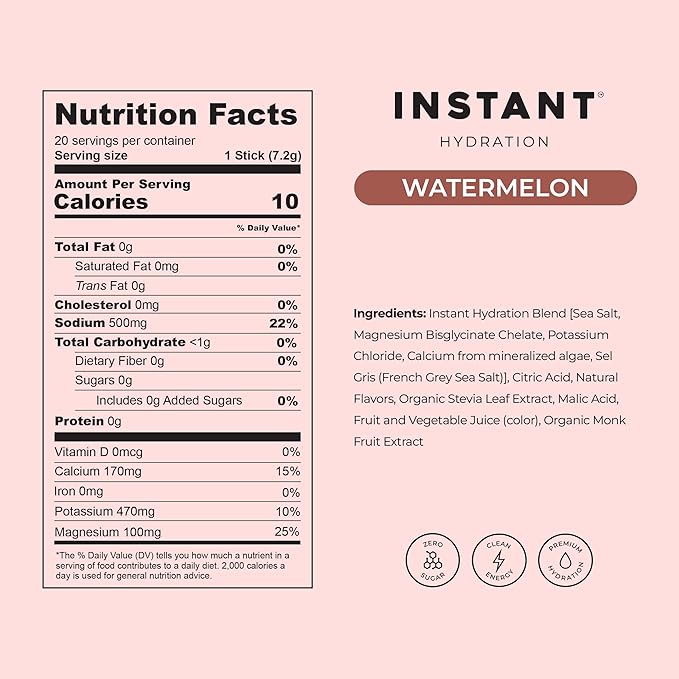 Instant Hydration Sugar Free Electrolytes Powder Packets - Watermelon Electrolyte Drink Mix & Travel Essentials - Post Workout Recovery, Brain Health, Muscle & Tissue Support - 20 Count