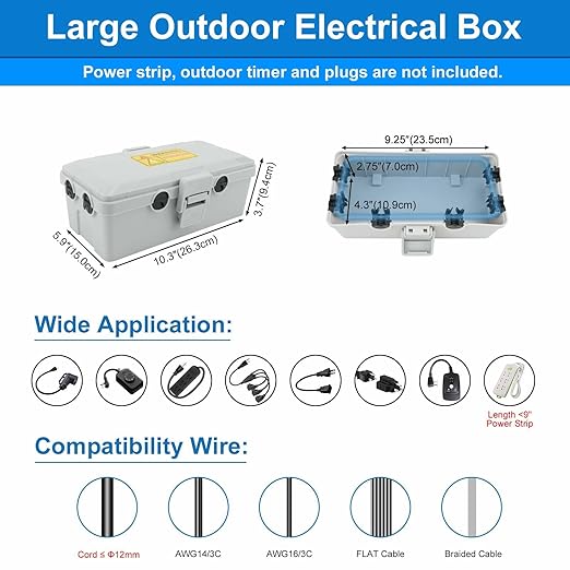 NineLeaf [2 Pack] Outdoor Electrical Box Waterproof, Medium Weatherproof Electrical Box (10.3x5.9x3.7 inch), Extension Cord Cover for Power Strip, Timer, Plug, Christmas Light, Grey