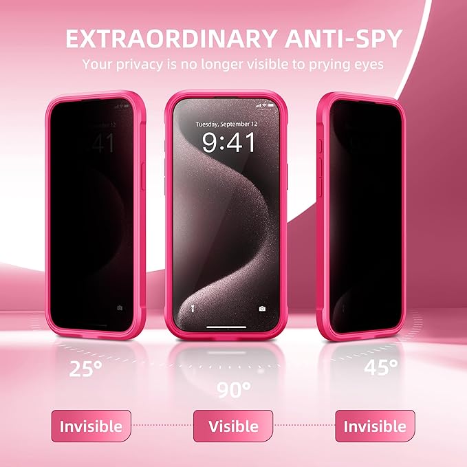 TIESZEN for iPhone 15 Pro Max Case, Compatible with MagSafe, Built-in Privacy Screen Protector and Camera Protection, Anti Spy Full Body Dustproof Shockproof Hard Phone Case 6.7", Hot Pink