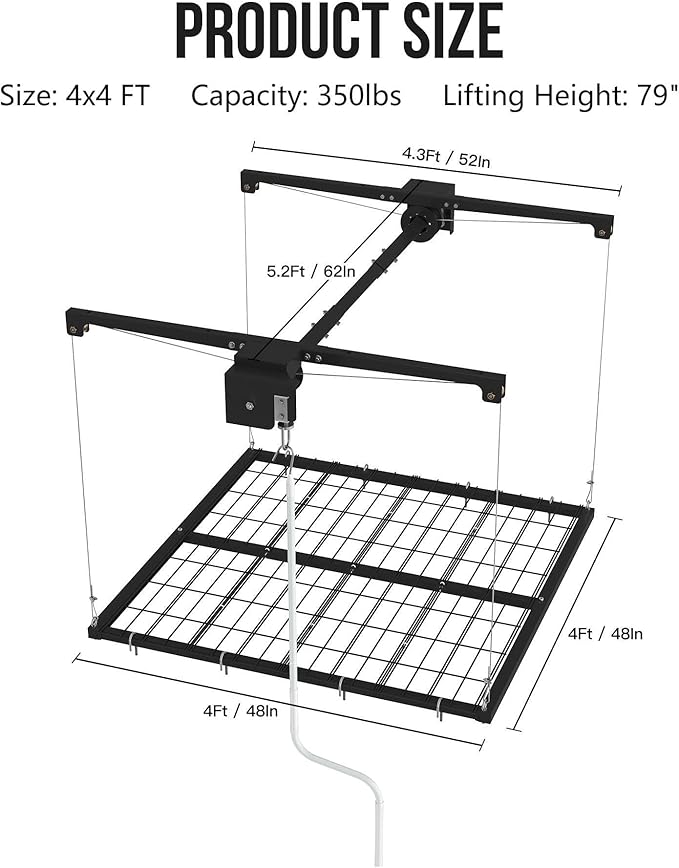 4x4 FT Overhead Garage Lifting Storage Rack, 350 lbs Capacity & 79" Lifting, Metal Garage Ceiling Rack, Adjustable Storage System with Safety Lock
