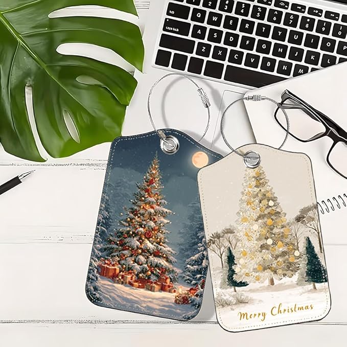 2 Pack Christmas Tree Luggage Tags for Suitcases, Festive Evergreen Travel ID Tags with Privacy Cover, PU Leather Bag Identifiers, Spring & Summer Vacation Essentials, Mother's Day