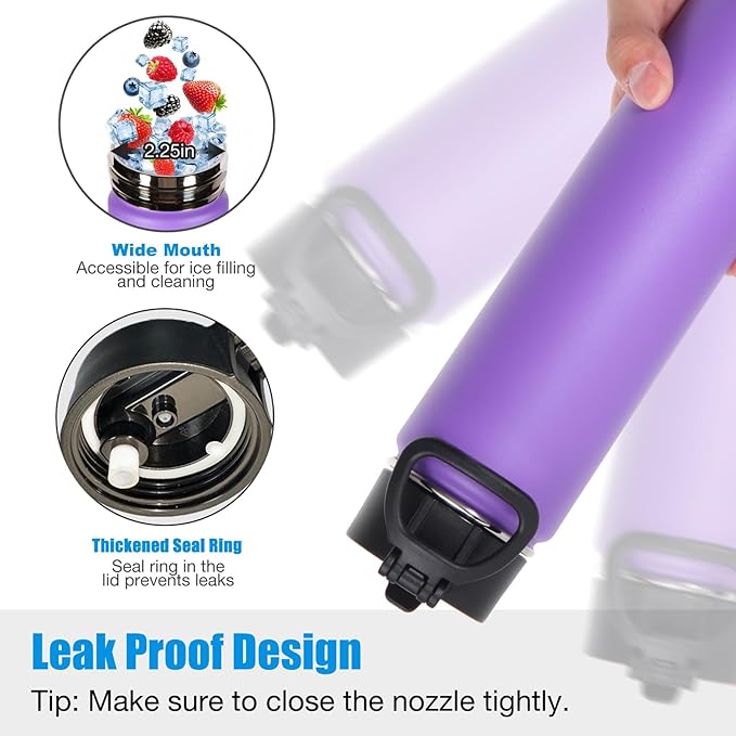 Volhoply 24oz Insulated Water Bottle with Straw Bulk 8 Pack,Metal Wide Mouth Water Bottles with Handle Lid Keep Cold,Reusable Double Wall Cups,Powder Coated Sport Bottle For Holder(Purple,8 Count)