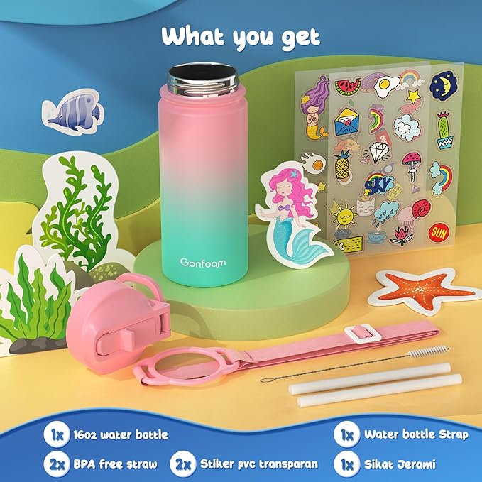 Kids Water Bottle, 16oz Kids Water Bottle with Stickers for School, insulated Stainless Steel Straw Cup(Pink/Green)