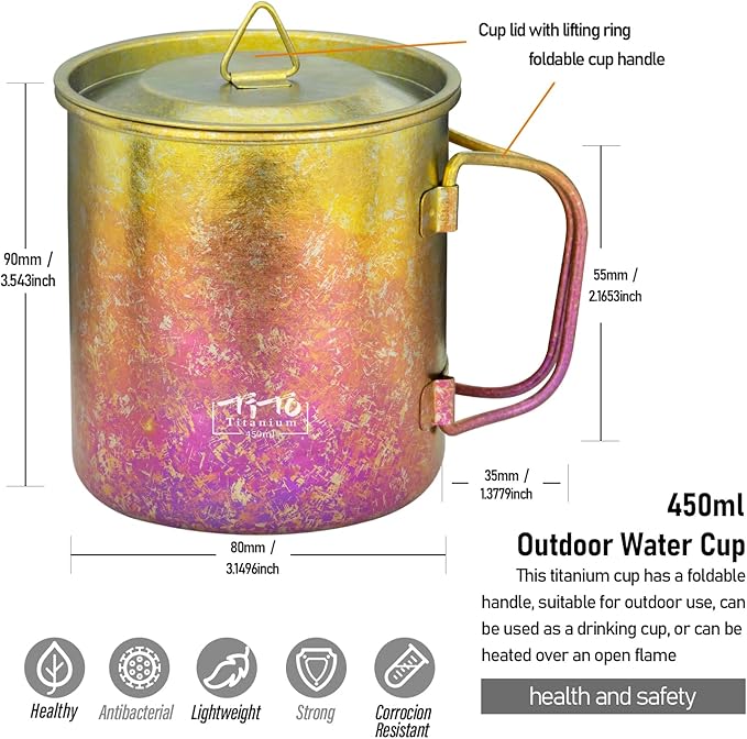 TiTo Titanium Cup Titanium Pot with Lid Ultralight Portable 450ml Foldable Handle Camping Tea Coffee Water Mug for Outdoor Backpacking Hiking Picnic Drinkware with Mesh Sack (Colorful)