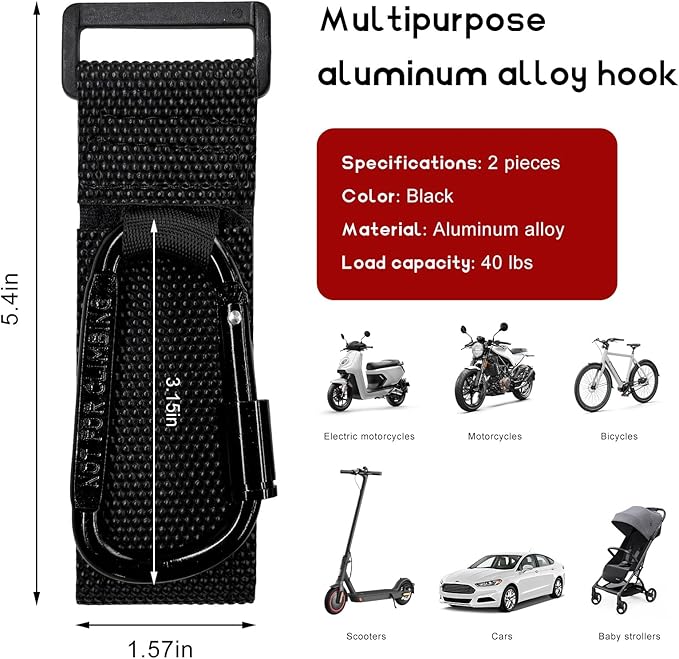 2 PCS UTV Hook for Hanging Headsets, Aluminum Alloy Stroller Carabiner Clips with Adjustable Strap, Multipurpose Roll Cage Hooks for Motorcycle Dirt Bike Scooter Owners (Black)