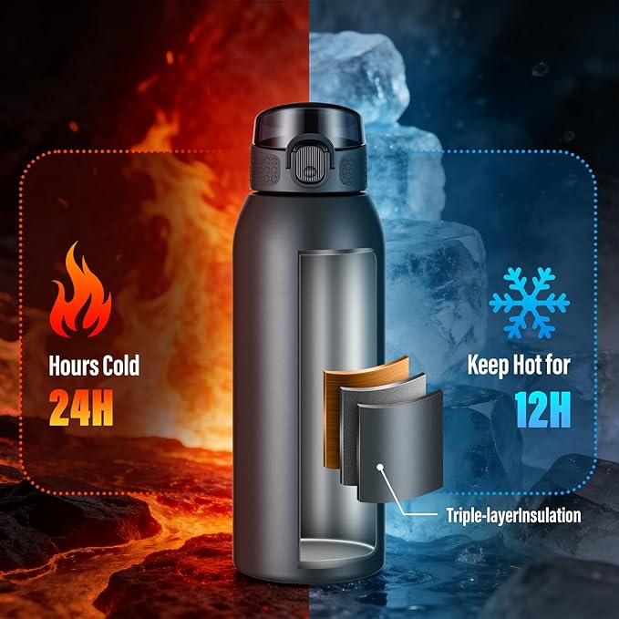Insulated Water Bottle 24 oz with Dustproof Lid, Carry Handle & Tea Infuser, BPA-Free & Leakproof, Stainless Steel Water Bottles Ideal for Fitness, Hiking, Office & Outdoor Use （Cold Gray ）
