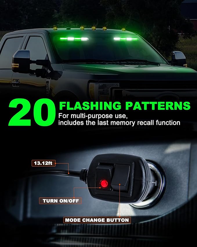 HLauto 6Z4J Emergency Dash Strobe Lights: 2x16.8 inch Green White Safety Lights, 48 LED Flashing Warning Hazard Interior Windshield Visor Traffic Light Bar for Trucks, Construction Vehicles
