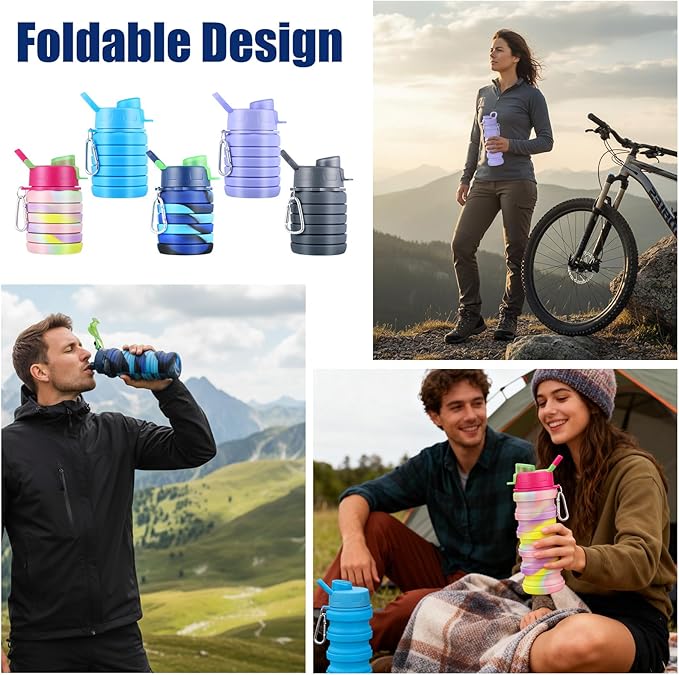 5 Pcs Collapsible Water Bottles, 16 oz Portable Foldable Water Bottle with Metal Clip Silicone Leakproof Travel Waters Bottle Reusable Sports Waters Bottles for Travel Camping Hiking Cycling