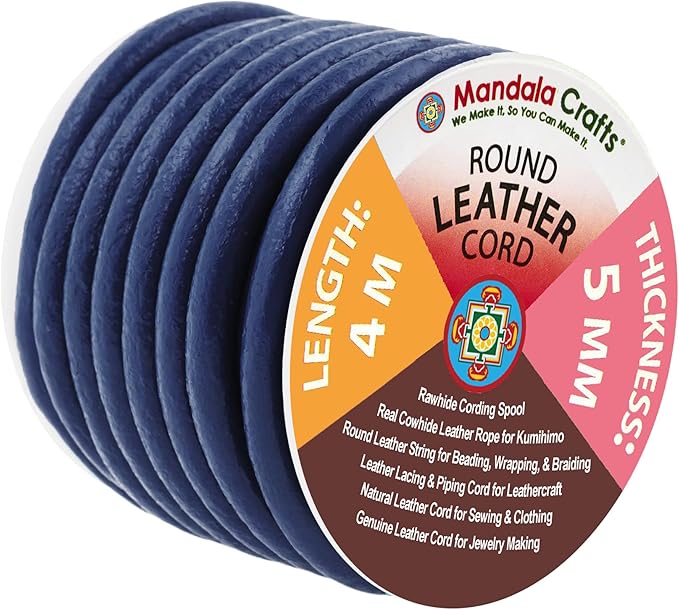 Mandala Crafts Round Genuine Navy Blue Leather Cord for Jewelry Making – 5mm Cowhide Leather Rope String Lace for Kumihimo – 4.4 Yards Cowhide Craft Cording Spool